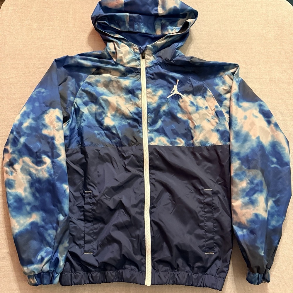 Nike‎ Air Jordan Boys Hooded Windbreaker Jacket Blue Tie Dye Full Zip Youth LG